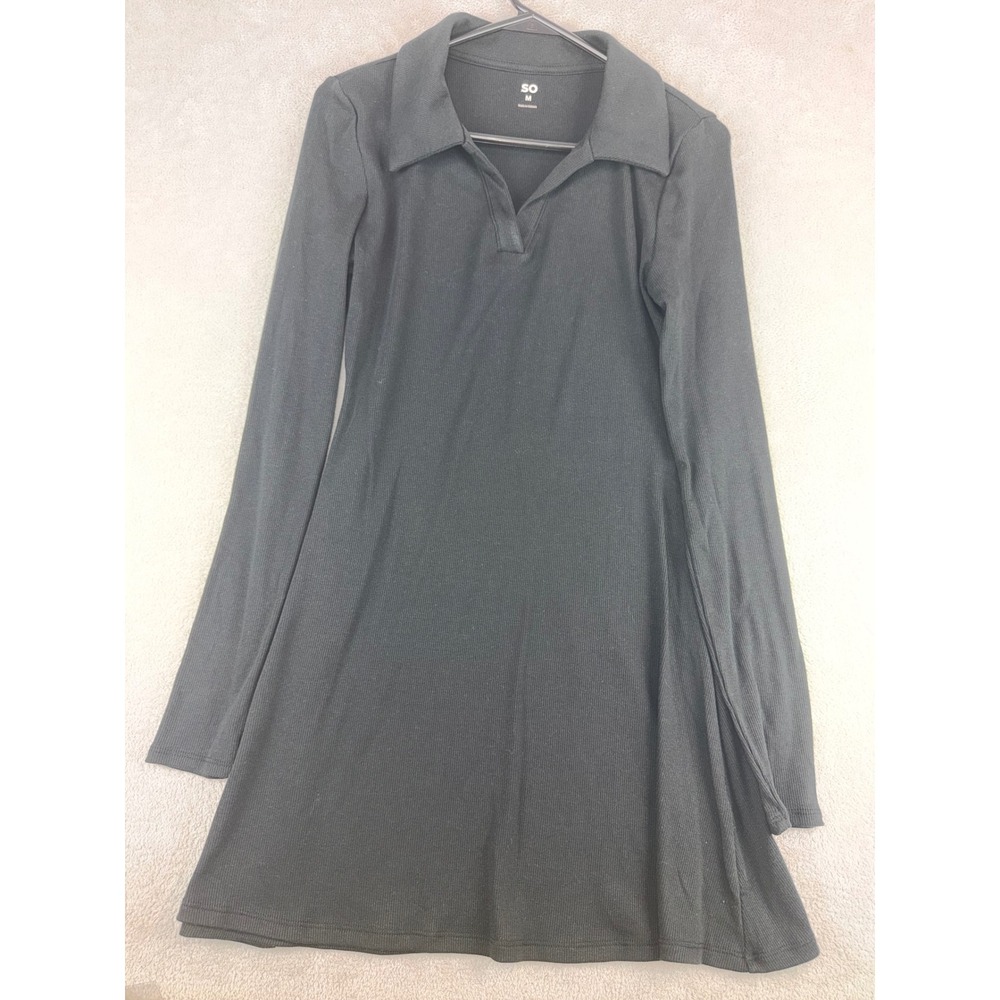 SO‎ Womens Medium Black Ribbed Long Sleeve Polo Collar A-Line Mini Dress